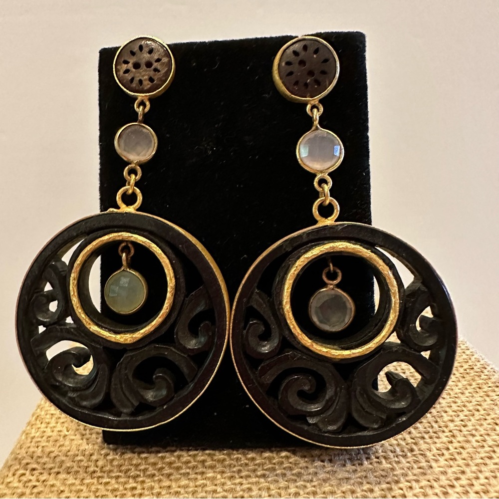 Anthropologie Earrings painted wood black & gold w/ faceted crystals pink, green